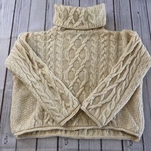 Inis Crafts Aran Sweater Merino Wool Ireland Cable Knit Turtleneck Cream Medium